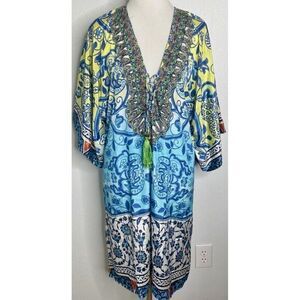 LA MODE True Colour Caftan Swim Cover-up‎ Tunic Dress Tile Mosaic Rhinestone OS